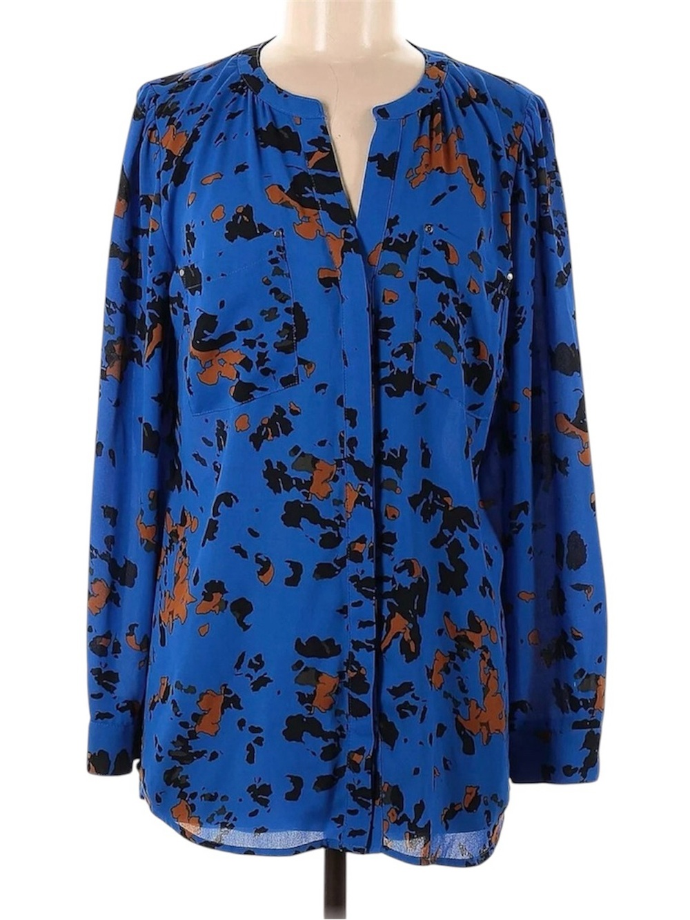 Apt. 9 Women’s Blue Brown Abstract Print Long-Sleeve Blouse Sz XS